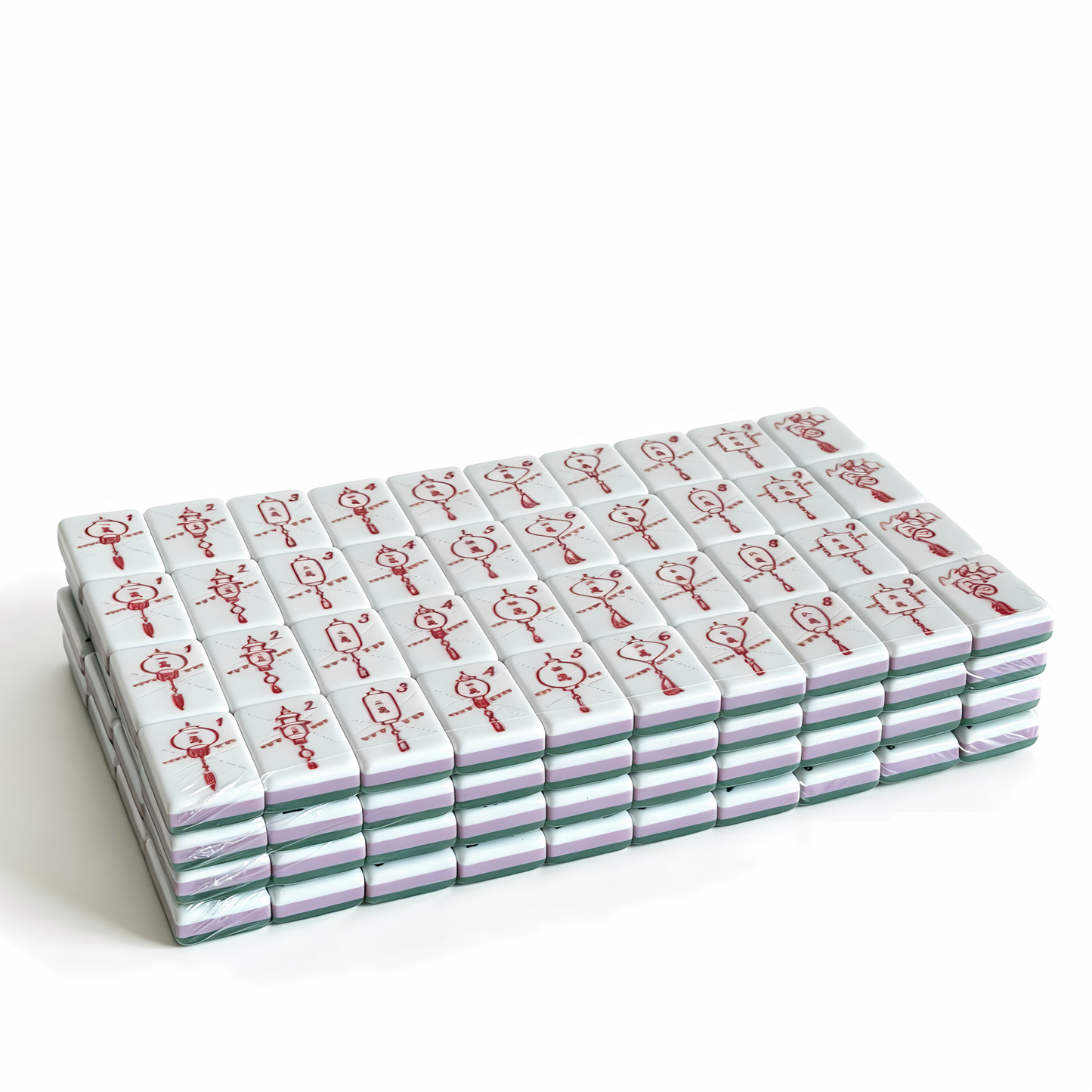 Side profile of Jade Lantern American Mahjong set tiles with 32g weight, featuring professional jade aesthetic and marbled sage green backs.