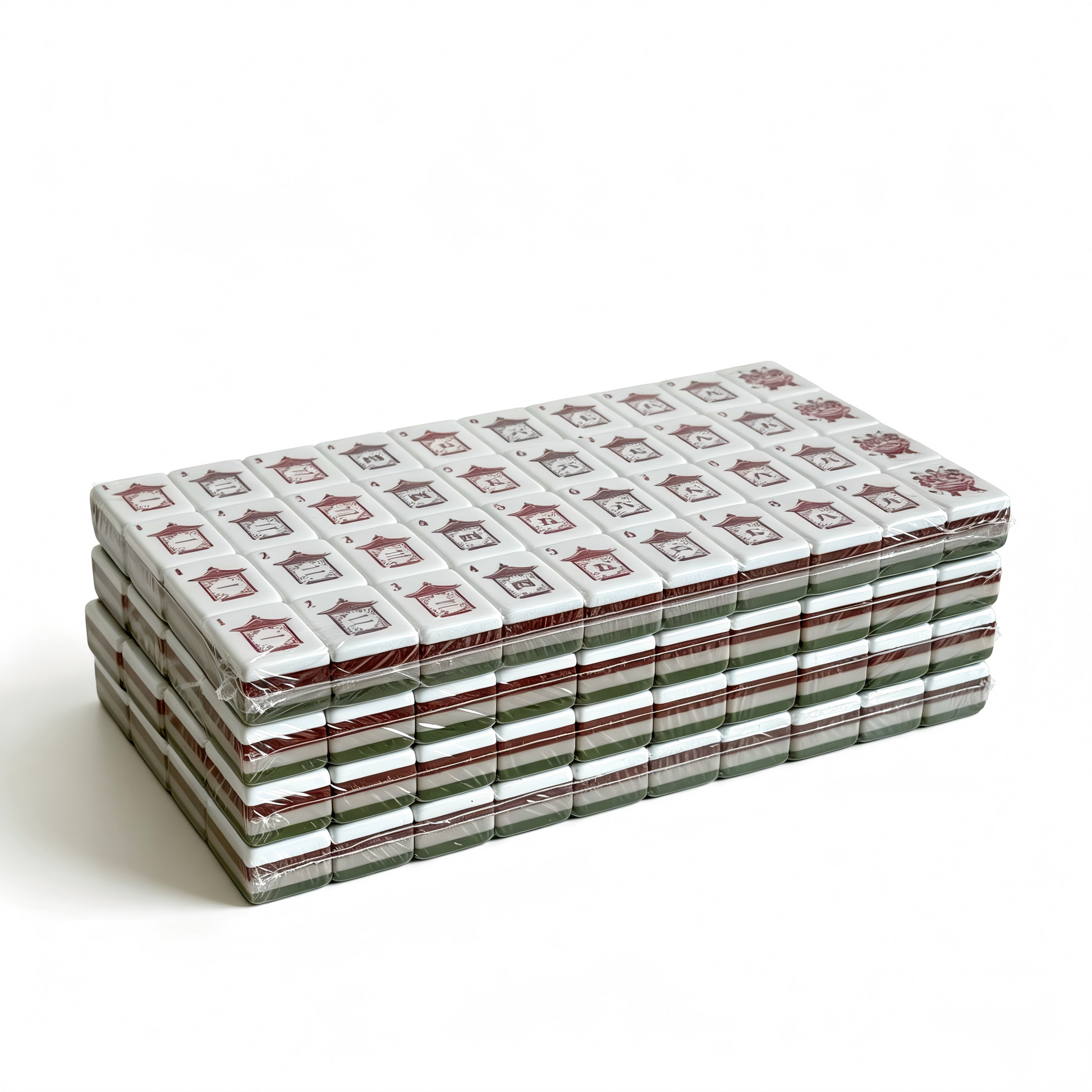 Side profile of 32g weighted Olive Grove American Mahjong tiles with earthy sage green backs, showcasing professional aesthetic and thickness.