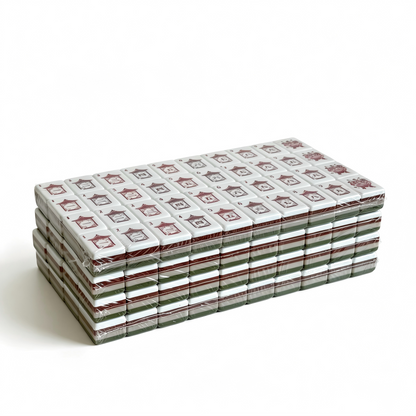 Side profile of 32g weighted Olive Grove American Mahjong tiles with earthy sage green backs, showcasing professional aesthetic and thickness.