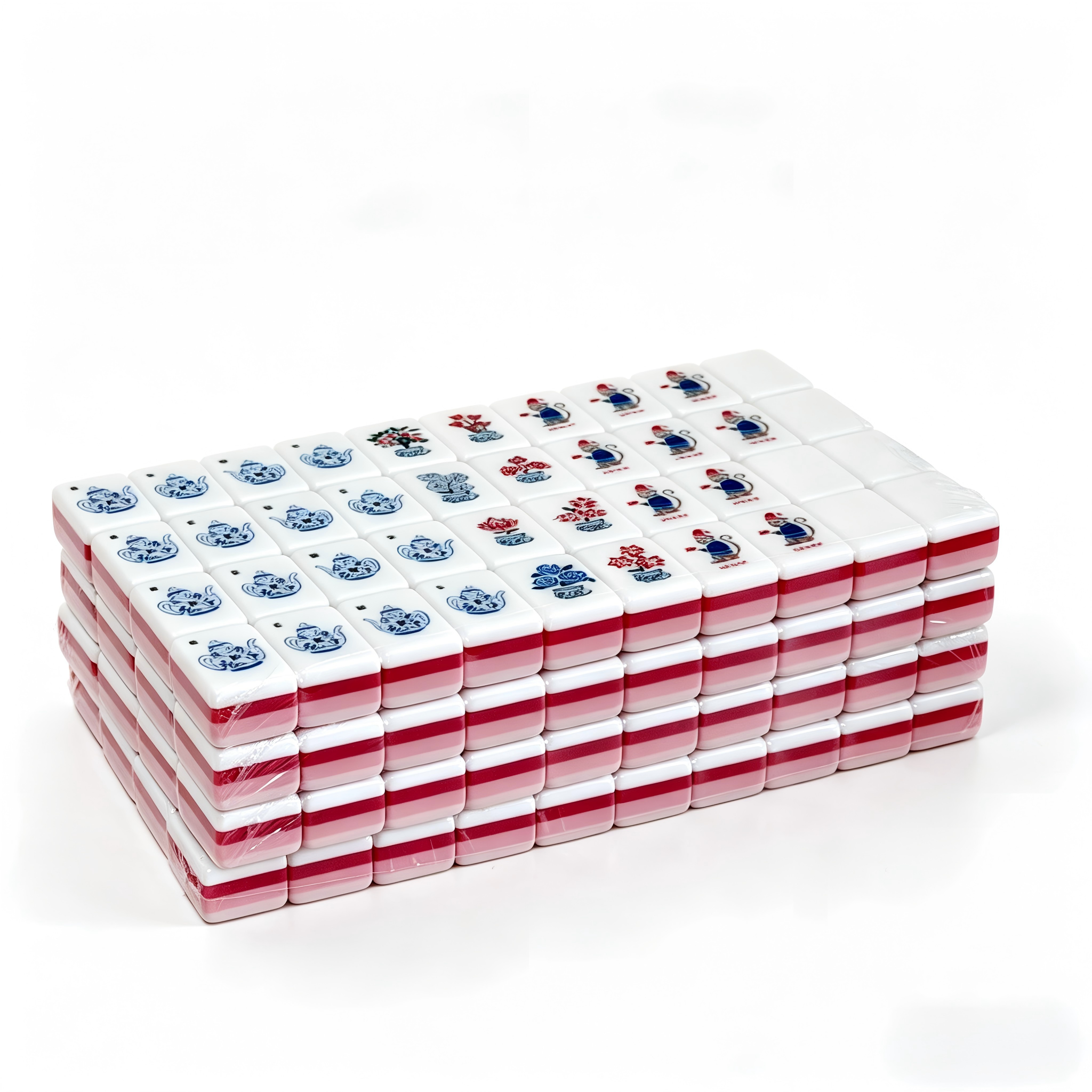 Side view of 32g Pink Peony luxury American Mahjong set by USA Mahjong Co. with 166 acrylic tiles featuring triple-layer pink backs.