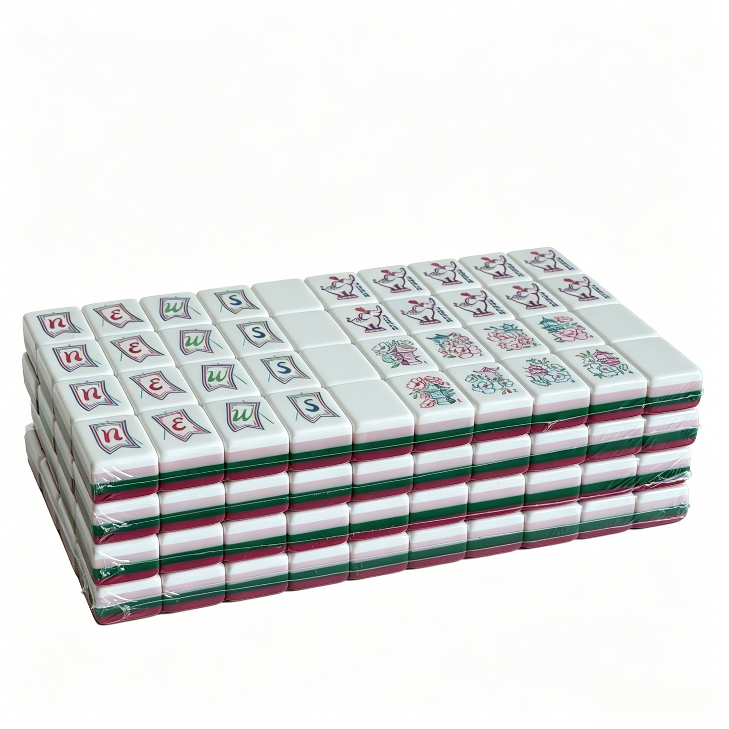 Side profile of 32g weighted Magenta Monarch American Mahjong set tiles with rose red color and grey-blue backs by USA Mahjong Co.