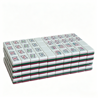 Side profile of 32g weighted Magenta Monarch American Mahjong set tiles with rose red color and grey-blue backs by USA Mahjong Co.