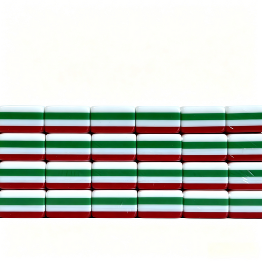 Side profile of 32g Scarlet Empress American Mahjong tiles by USA Mahjong Co., featuring weighted acrylic tiles with bold ruby red backs.