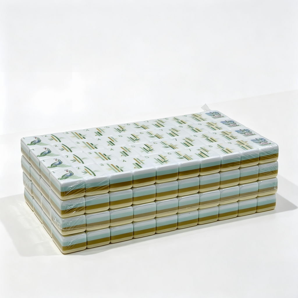 Side profile of Vanilla Bean Modern American Mahjong Set by USA Mahjong Co., featuring 32g weighted ivory tiles with gold and black inlays.