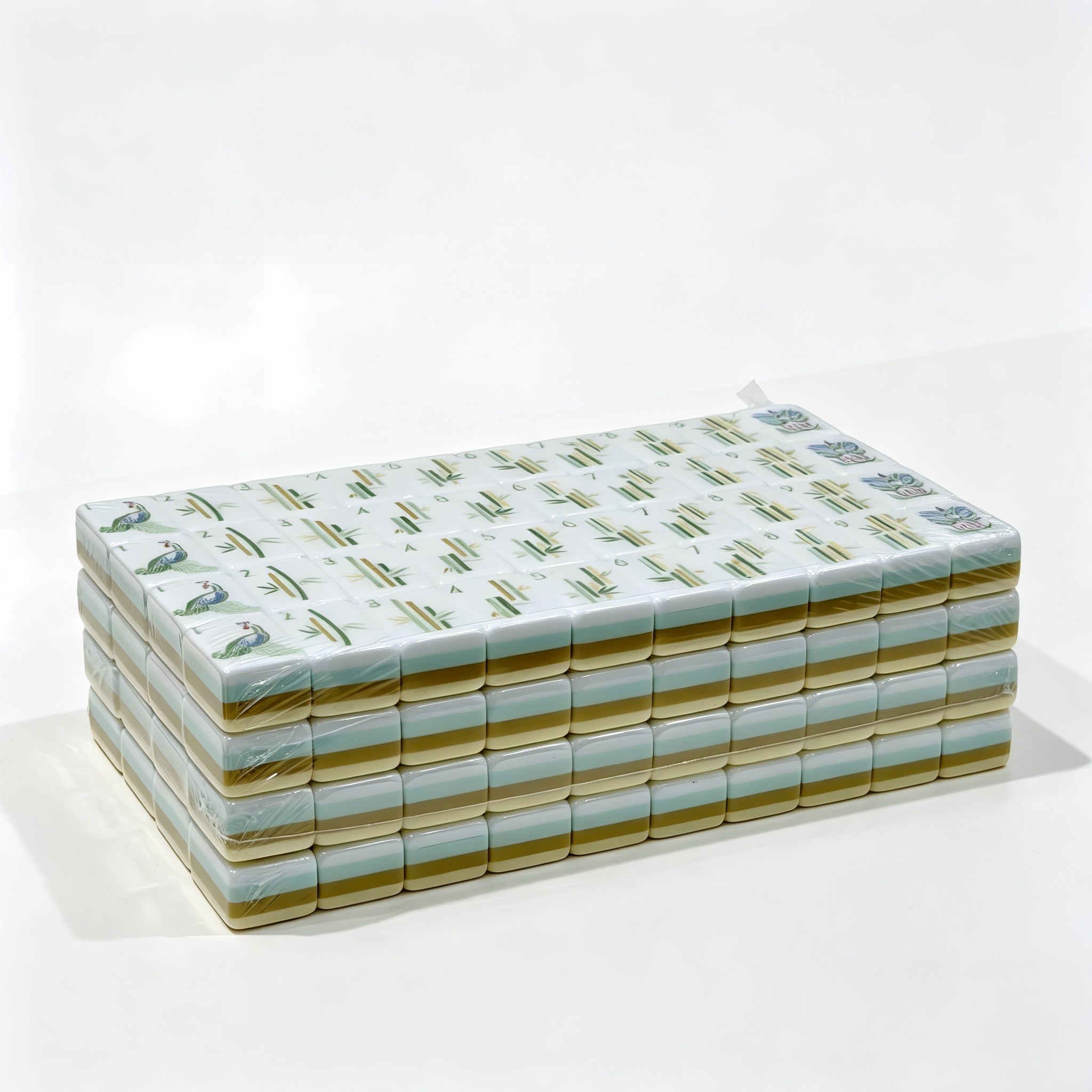 Side profile of Vanilla Bean Modern American Mahjong Set by USA Mahjong Co., featuring 32g weighted ivory tiles with gold and black inlays.