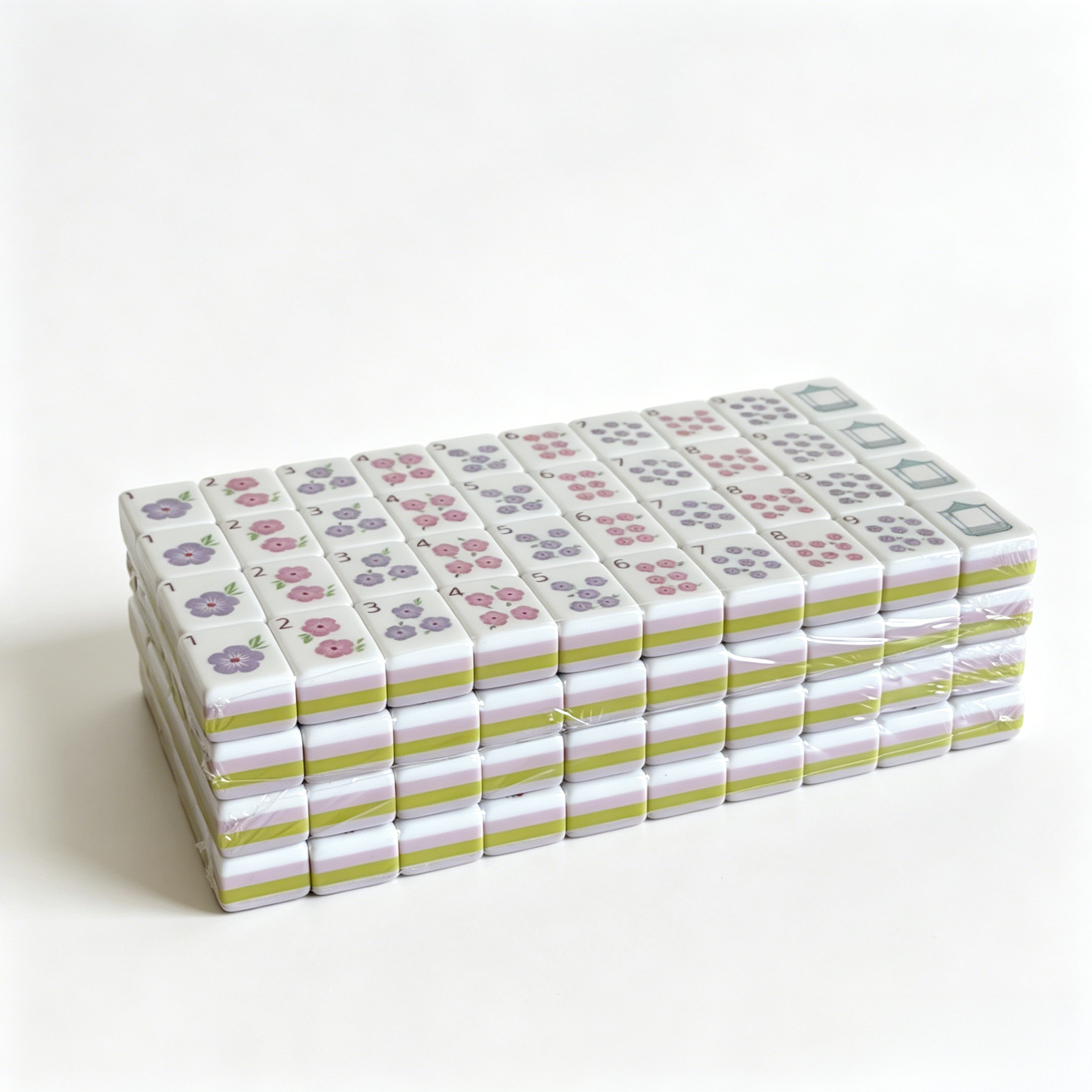 Side profile of Wisteria Bloom American Mahjong Set by USA Mahjong Co., 32g weighted tiles with soft lilac backs and purple aesthetic.