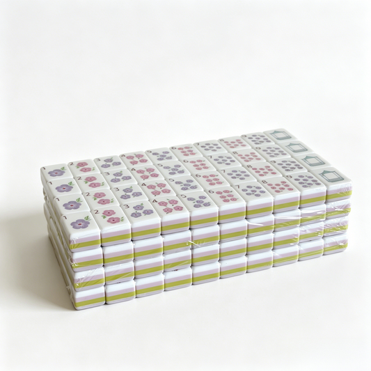 Side profile of Wisteria Bloom American Mahjong Set by USA Mahjong Co., 32g weighted tiles with soft lilac backs and purple aesthetic.