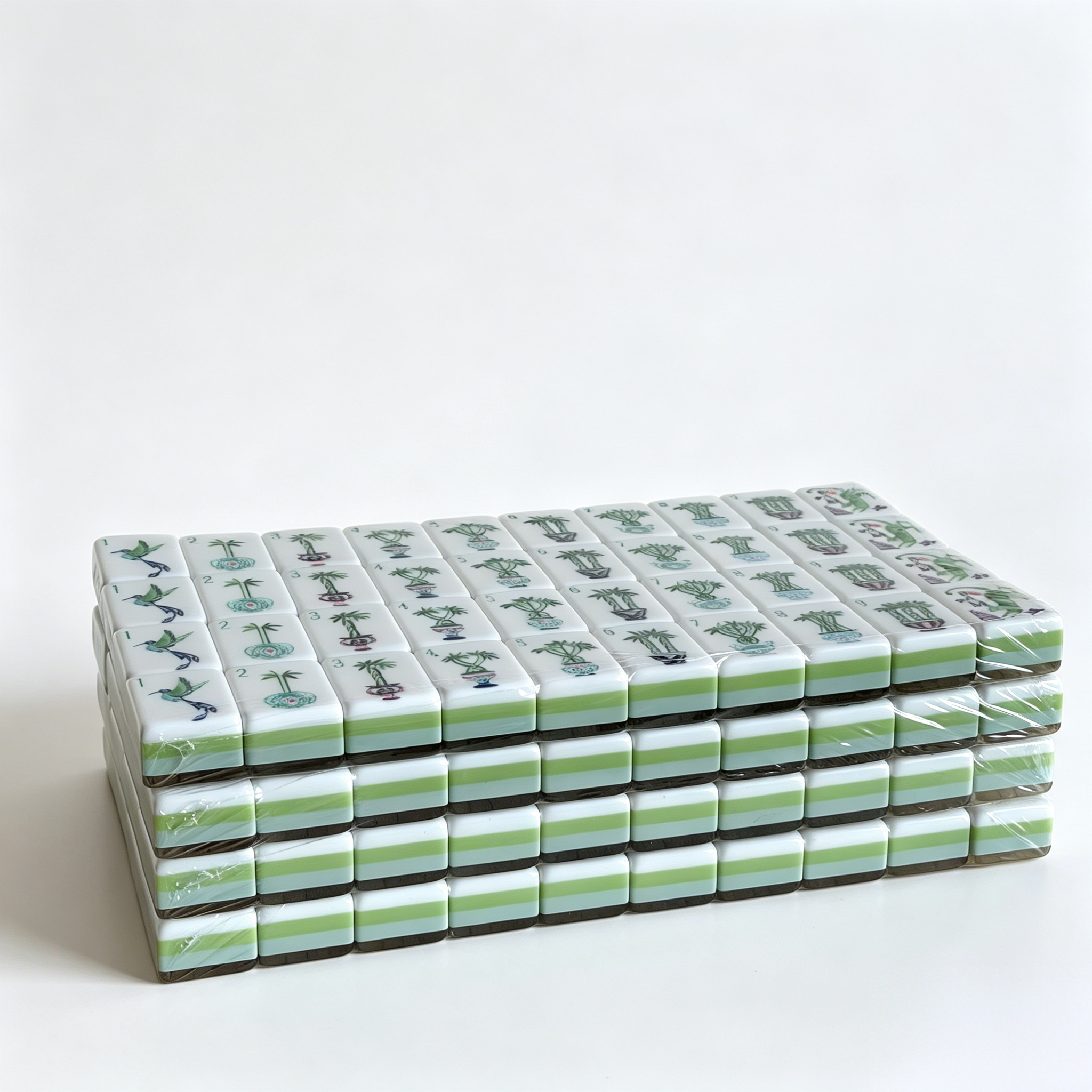 Side profile of Zen Bamboo American Mahjong Set tiles by USA Mahjong Co., featuring 32g weighted tiles with textured ivory backs.