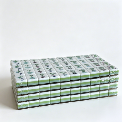 Side profile of Zen Bamboo American Mahjong Set tiles by USA Mahjong Co., featuring 32g weighted tiles with textured ivory backs.