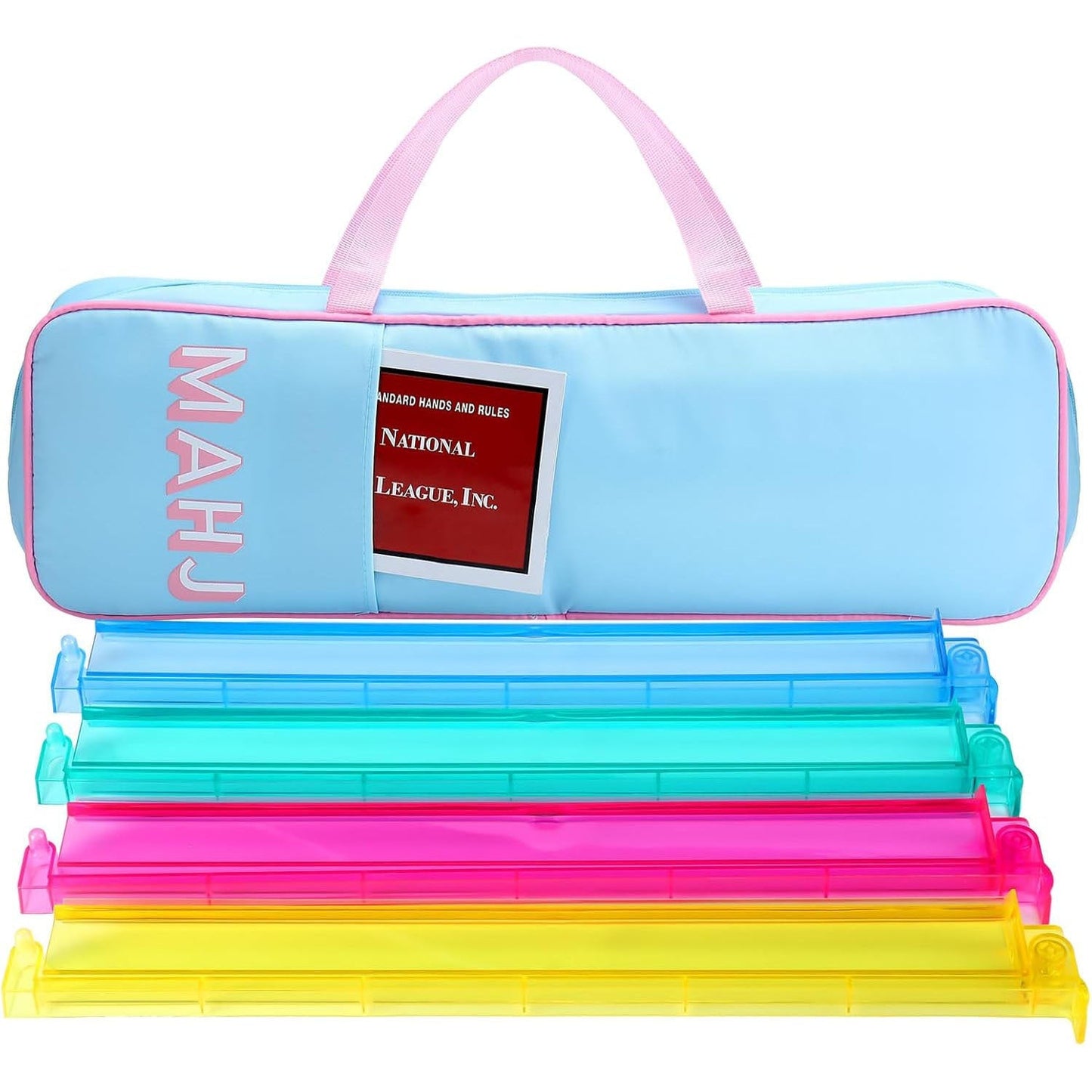 Sky blue American Mahjong Co. Socialite Travel Kit with light blue carrying case, four acrylic racks, and integrated pusher racks.