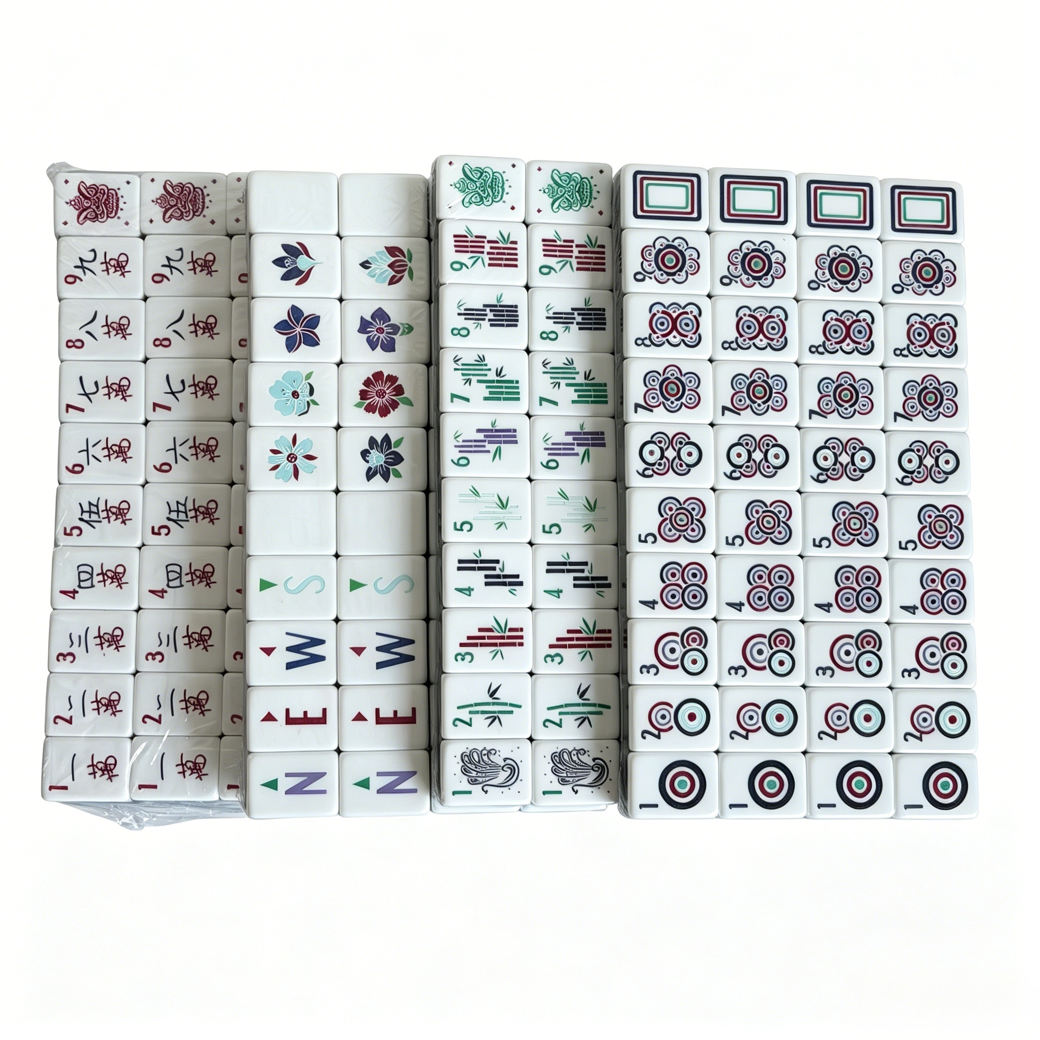 American Mahjong Set by USA Mahjong Co. featuring 166 weighted acrylic tiles with deep petrol backs and colorful game symbols.