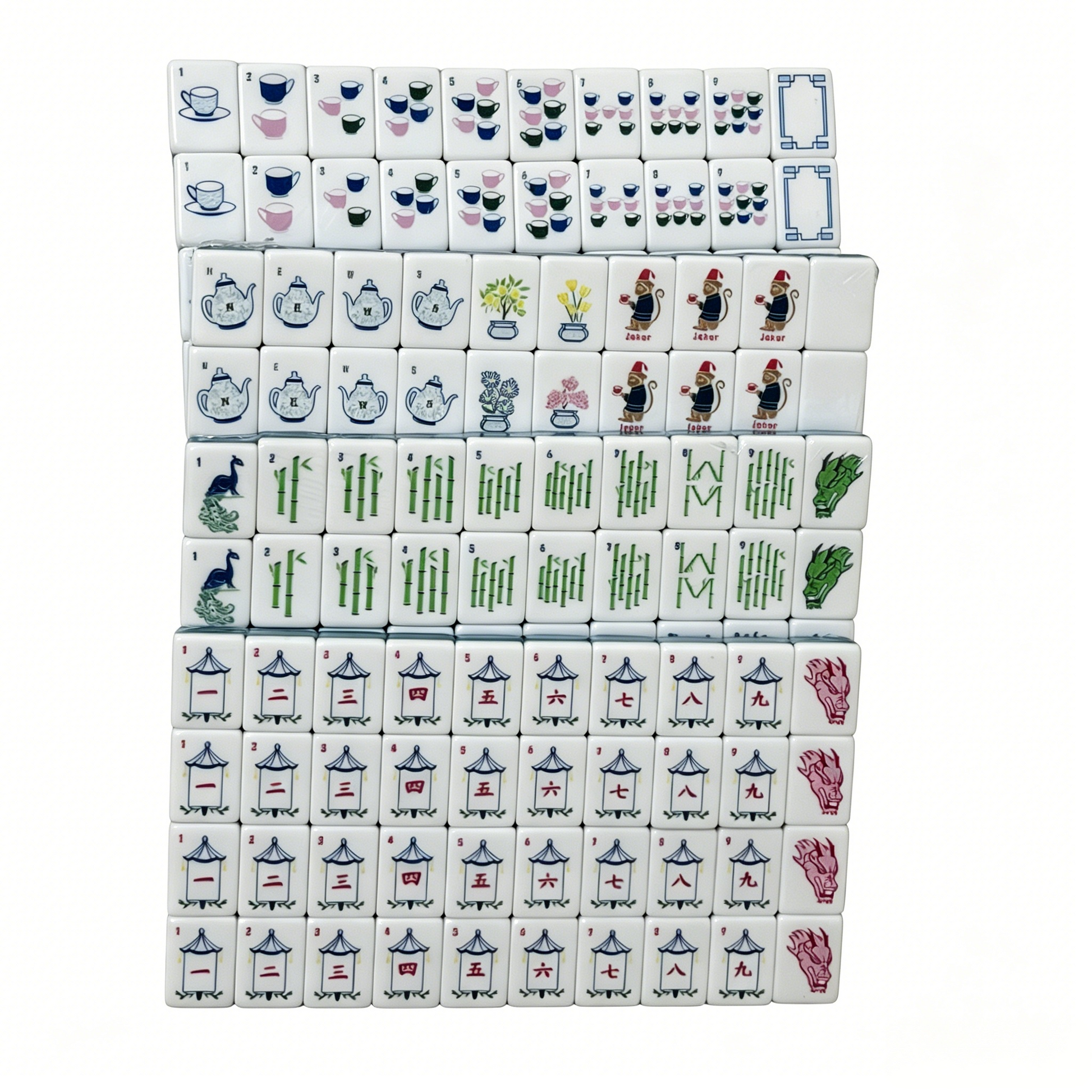 Teal Tea Party American Mahjong Set by USA Mahjong Co. with 166 weighted tiles, deep petrol backs, jokers, and spares.