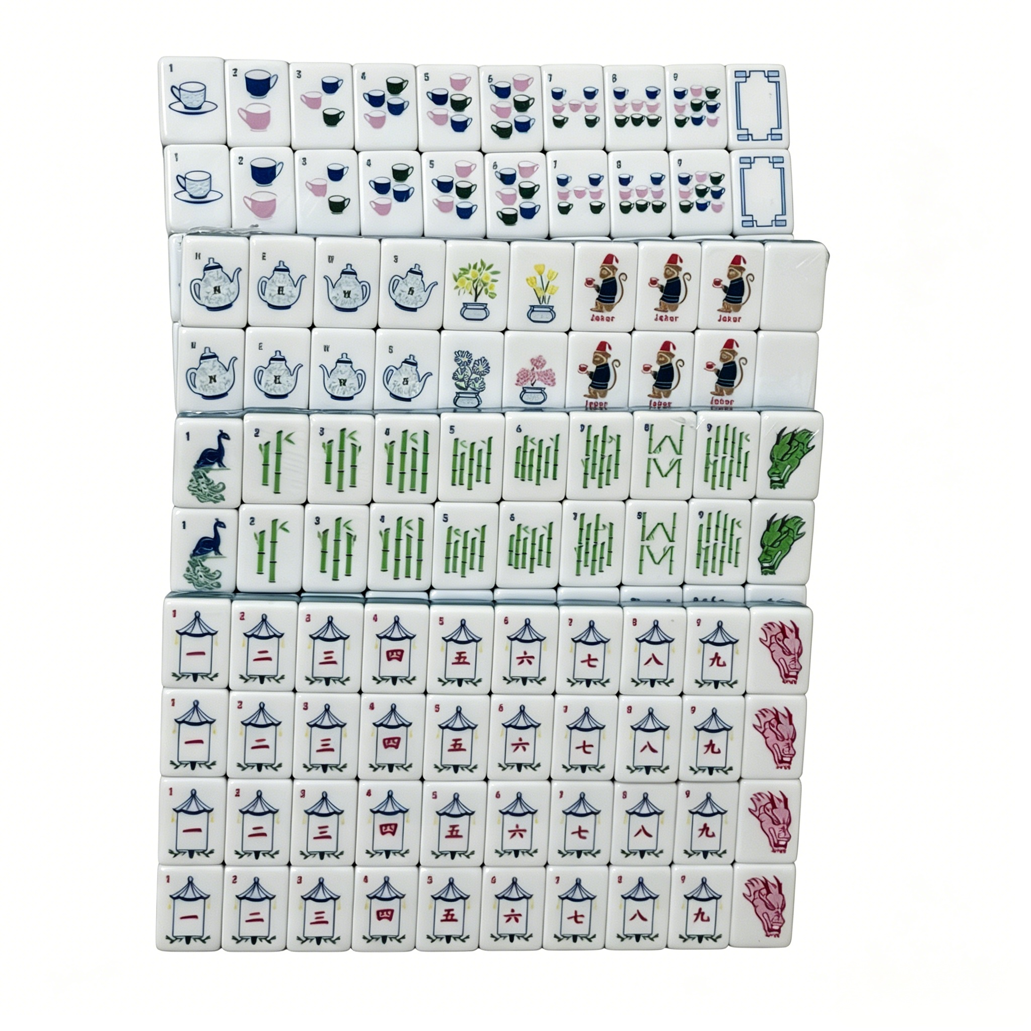 Teal Tea Party American Mahjong Set by USA Mahjong Co. with 166 weighted tiles, deep petrol backs, jokers, and spares.