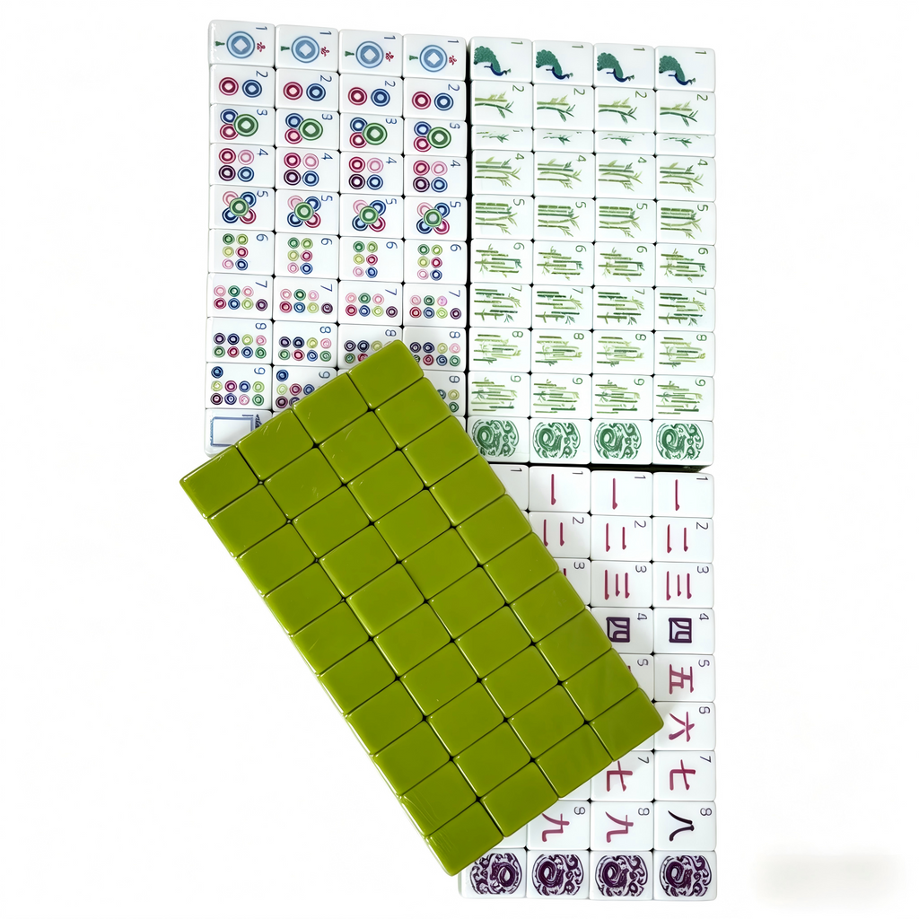 American Mahjong Set by USA Mahjong Co. featuring 166 acrylic tiles with quad-layer apple mint green design and green gradient backs.
