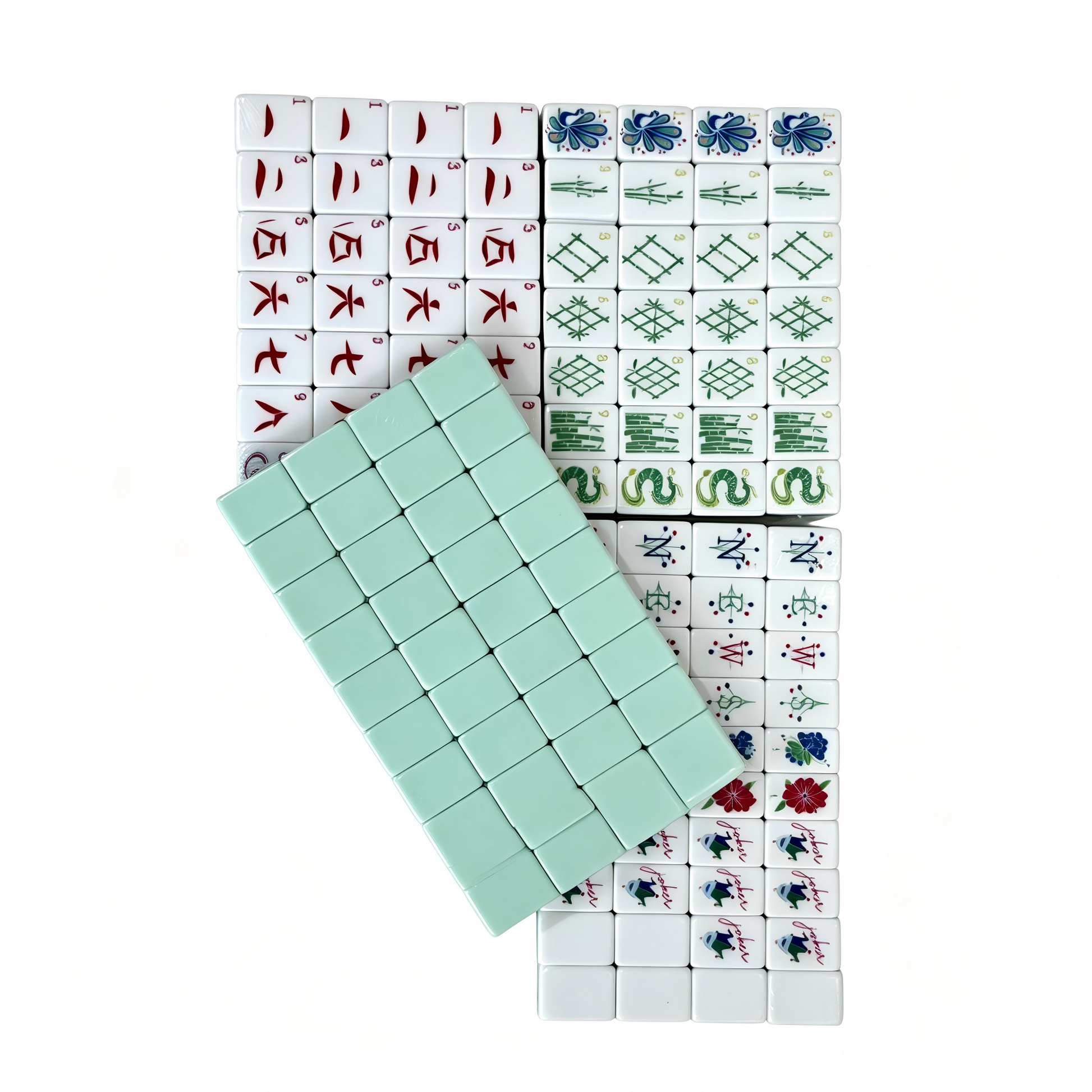 American Mahjong Set by USA Mahjong Co. featuring 166 mint and azure tiles, whimsical monkey jokers, and lilac purple backs.