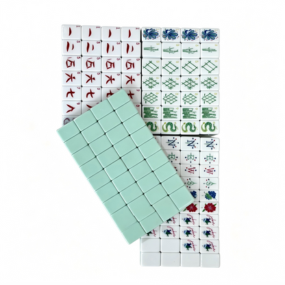 American Mahjong Set by USA Mahjong Co. featuring 166 mint and azure tiles, whimsical monkey jokers, and lilac purple backs.