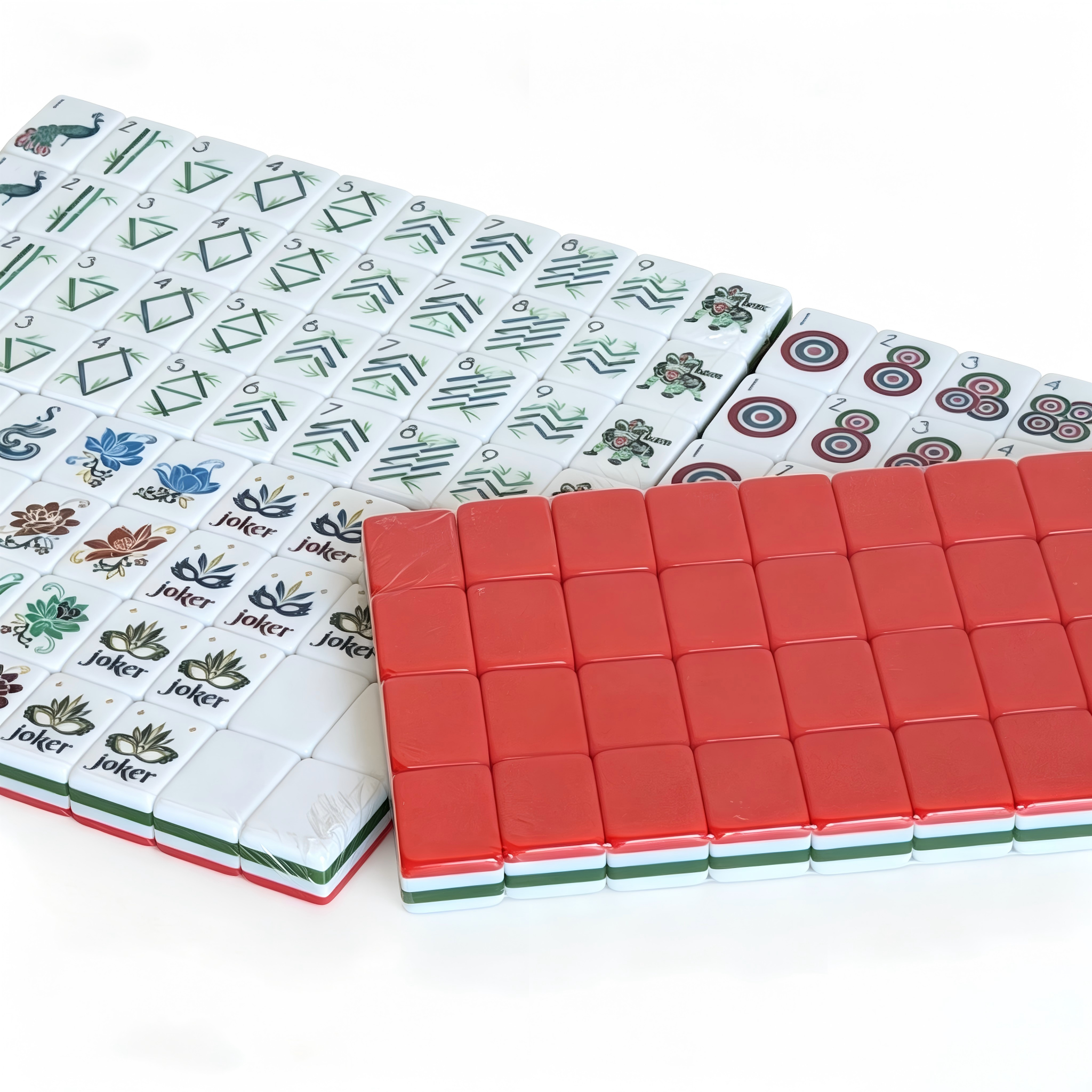 Modern American Mahjong Set by USA Mahjong Co. with 166 weighted tiles featuring vibrant coral red backs and intricate designs.