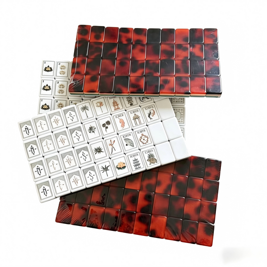 American Mahjong Set by USA Mahjong Co. featuring 166 marbled red tiles with vintage-inspired tortoise shell backs.