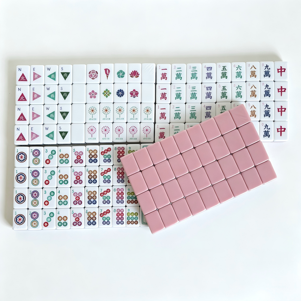 Dusty Rose American Mahjong Set by USA Mahjong Co. with 166 weighted tiles, blush backs, and compass wind design.