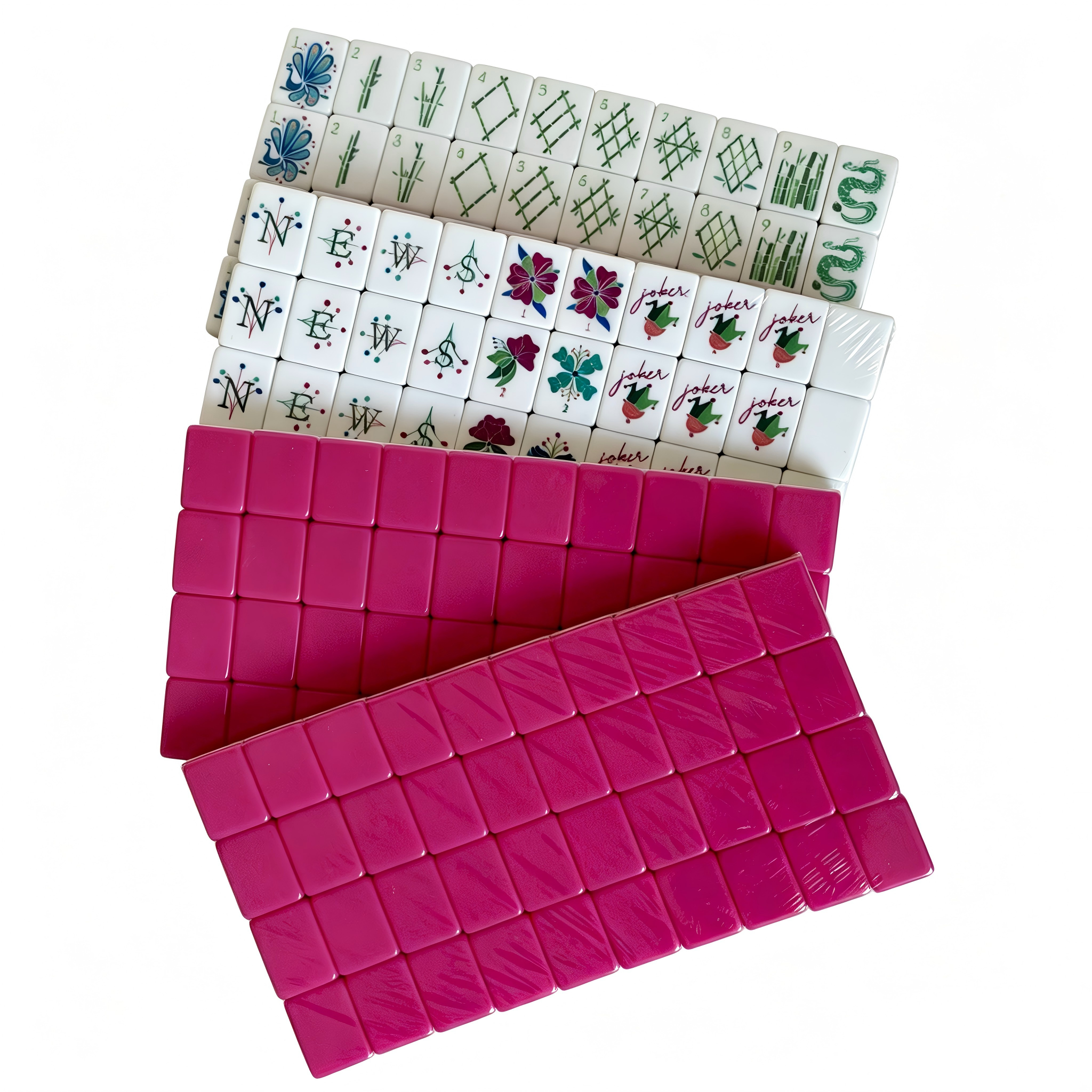 Modern American Mahjong Set by USA Mahjong Co. featuring 166 weighted tiles with vibrant fuchsia backs and intricate designs.