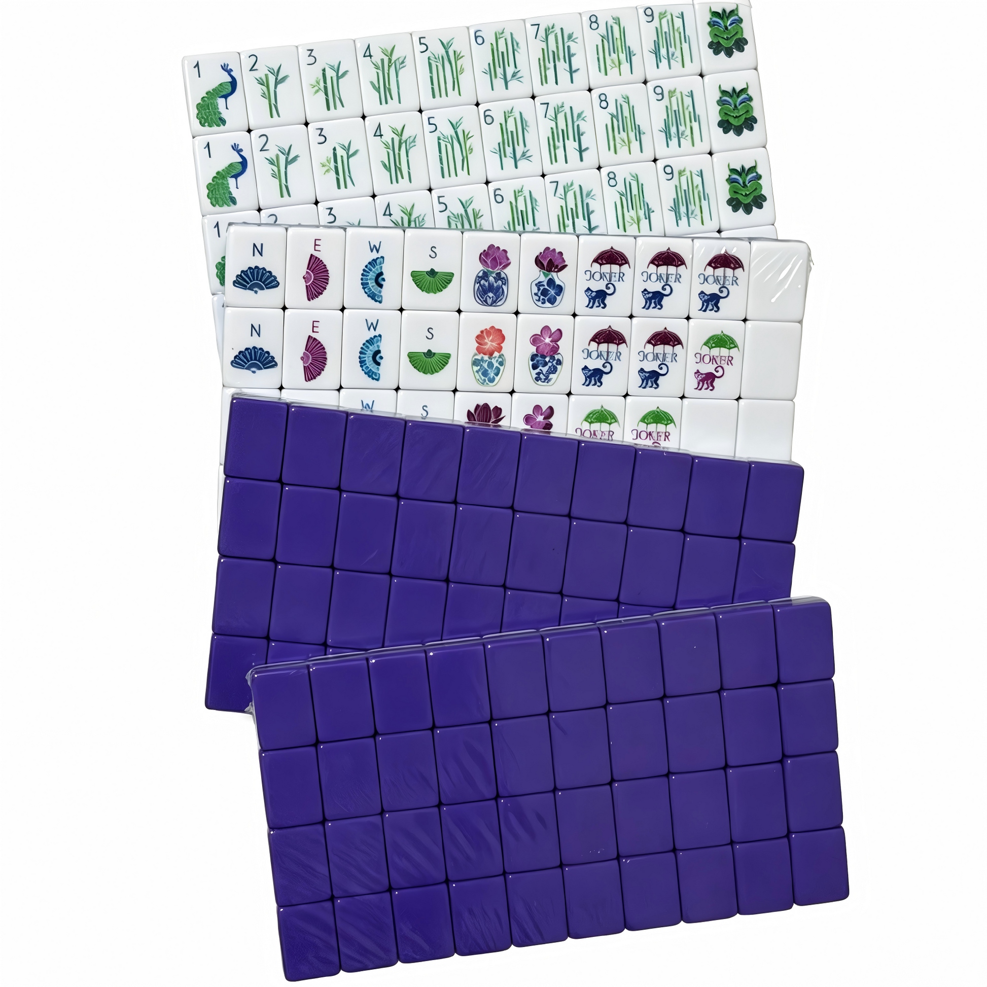 American Mahjong set by USA Mahjong Co. with 166 tiles featuring purple glitter backs and weighted tiles for added stability