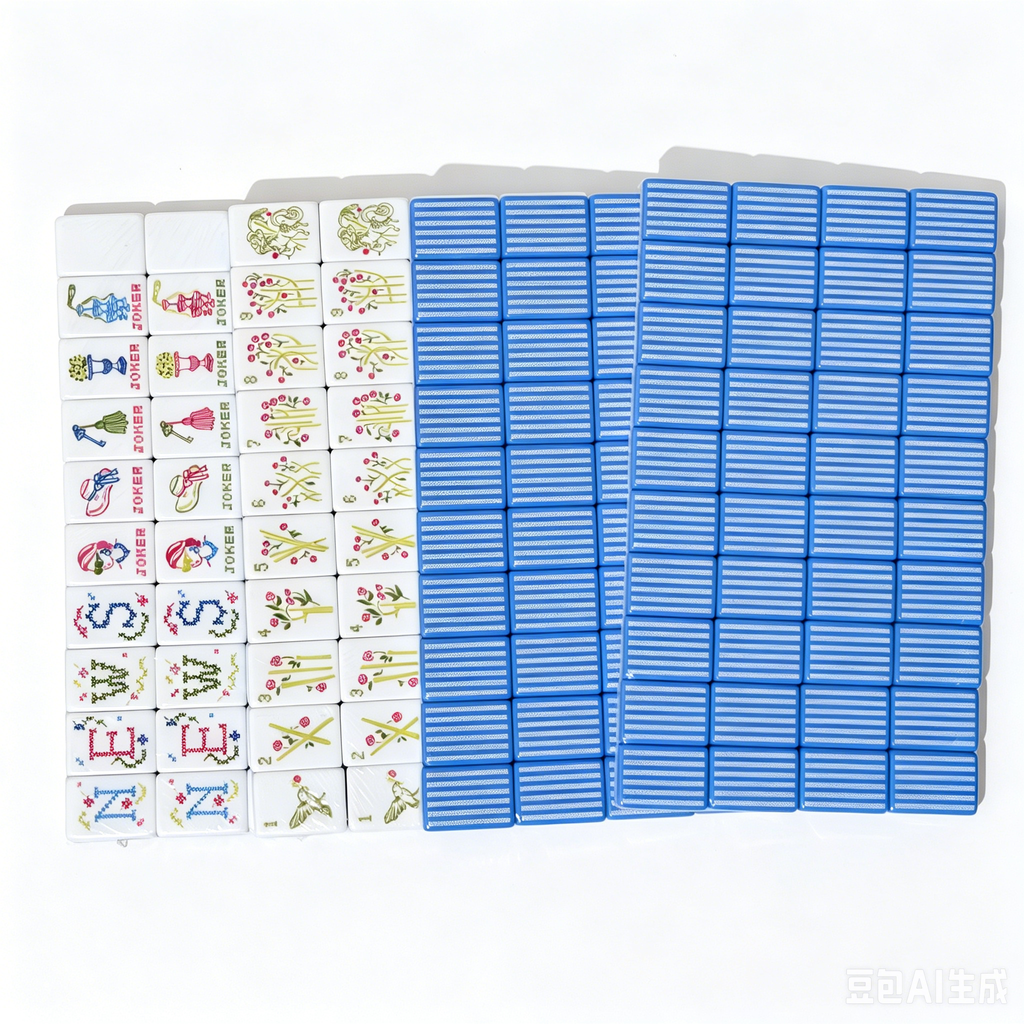 American Mahjong Set by USA Mahjong Co. with 166 weighted tiles featuring blue and white striped backs and traditional design.