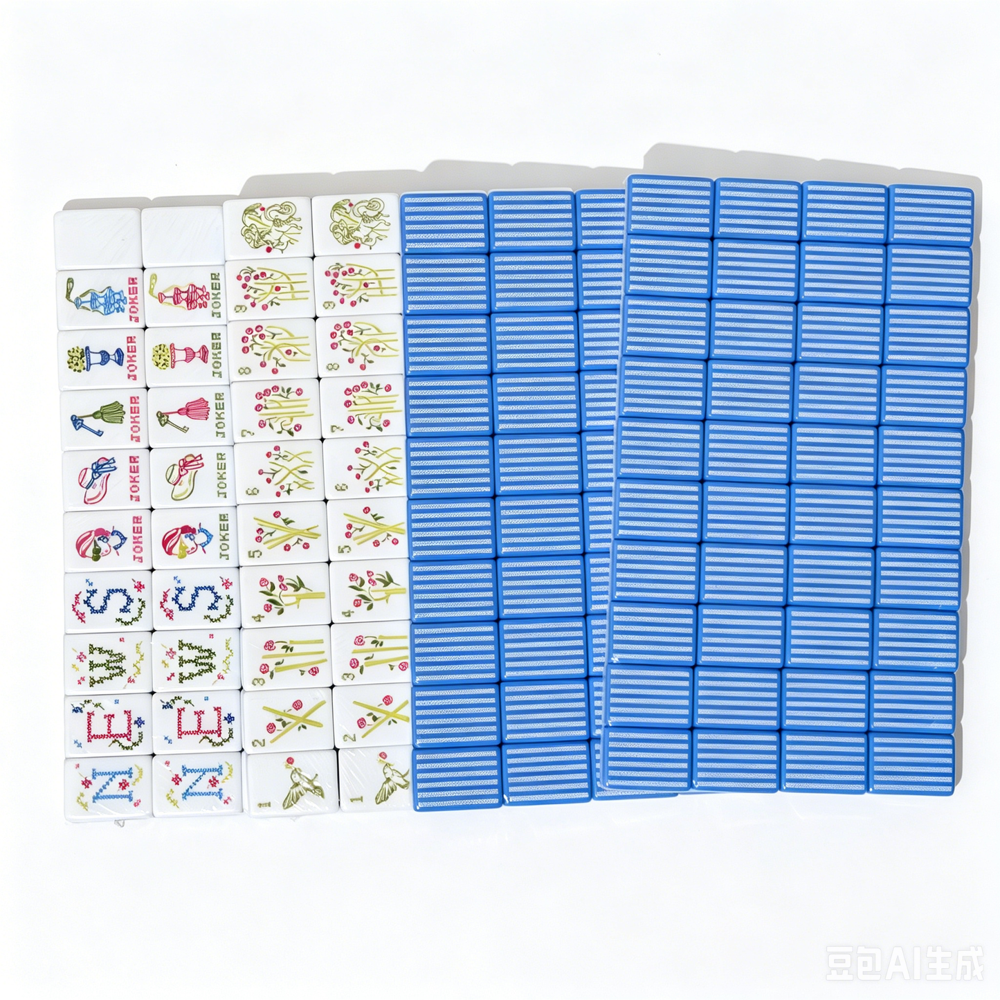 American Mahjong Set by USA Mahjong Co. with 166 weighted tiles featuring blue and white striped backs and traditional design.