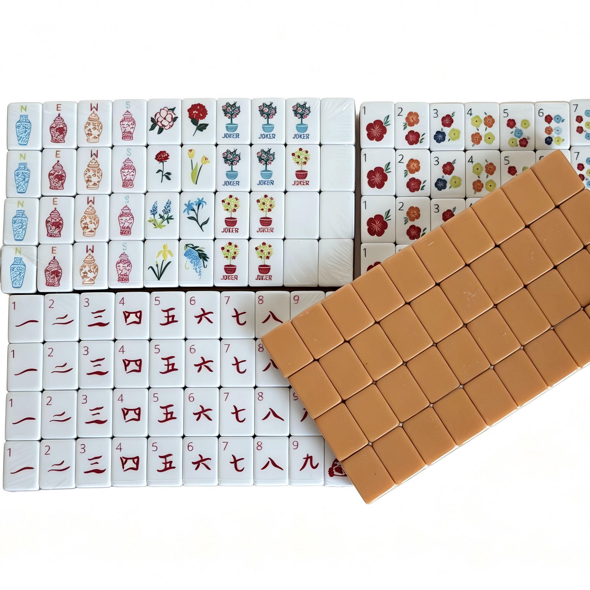 American Mahjong Set by USA Mahjong Co. with 166 warm caramel-backed tiles, floral vase jokers, and 32g weighted tiles