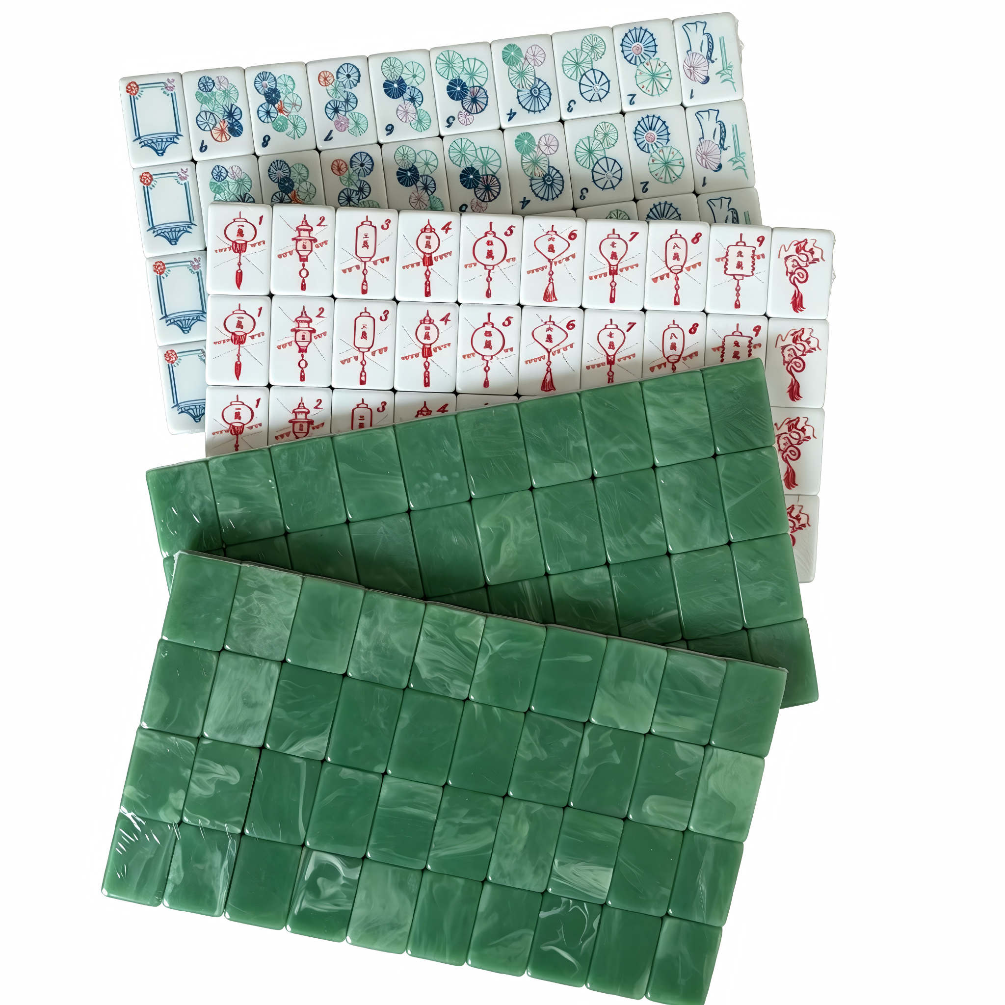 American Mahjong Set by USA Mahjong Co. featuring 166 weighted tiles with marbled sage green backs and intricate Jade Lantern design.