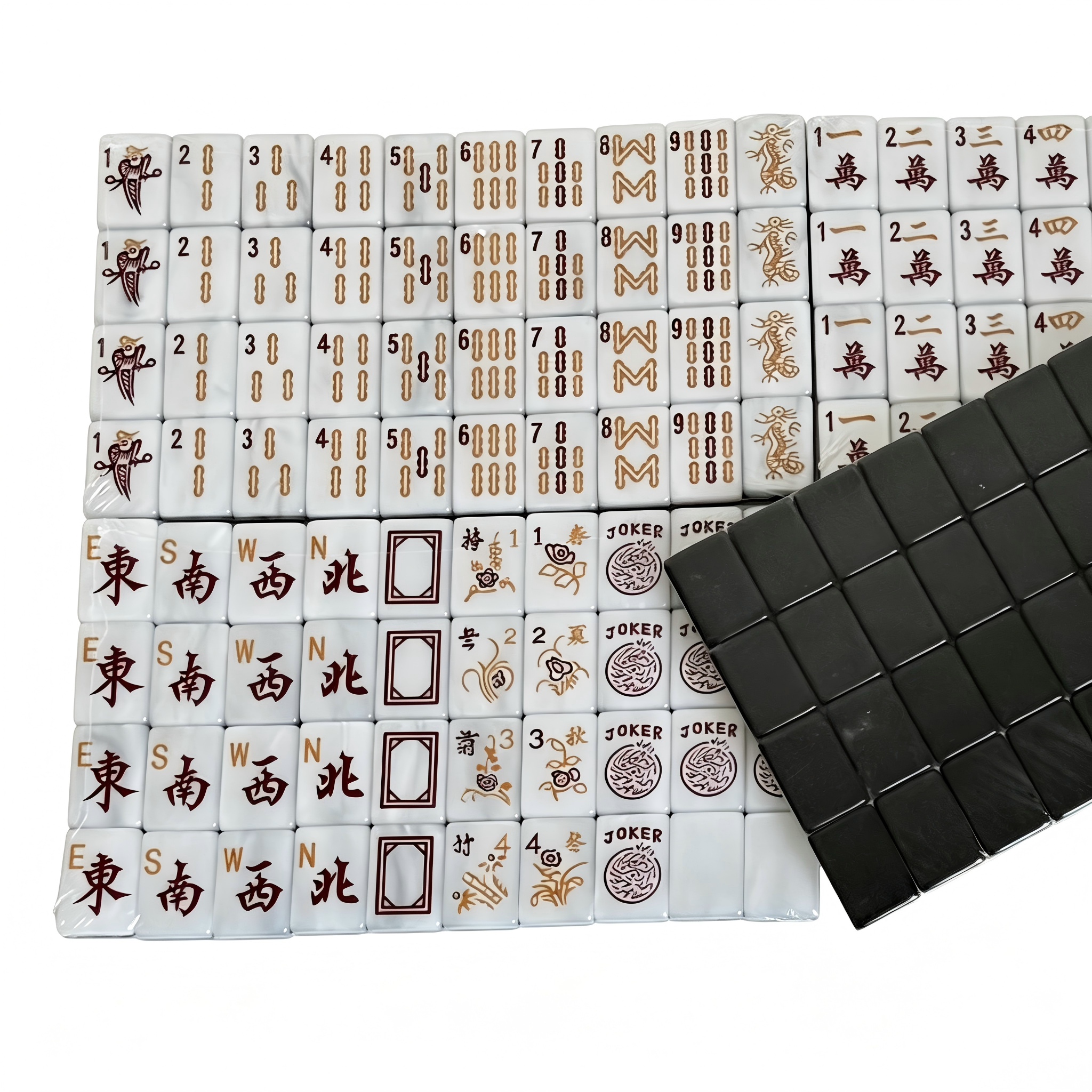 American Mahjong Set by USA Mahjong Co. featuring 166 black acrylic tiles with sleek jet-black backs and weighted 32g tiles.