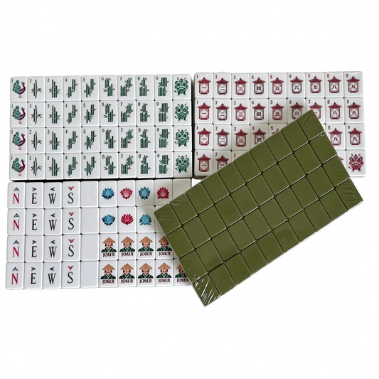 Classic American Mahjong set with 166 weighted acrylic tiles featuring earthy sage green backs, from USA Mahjong Co.