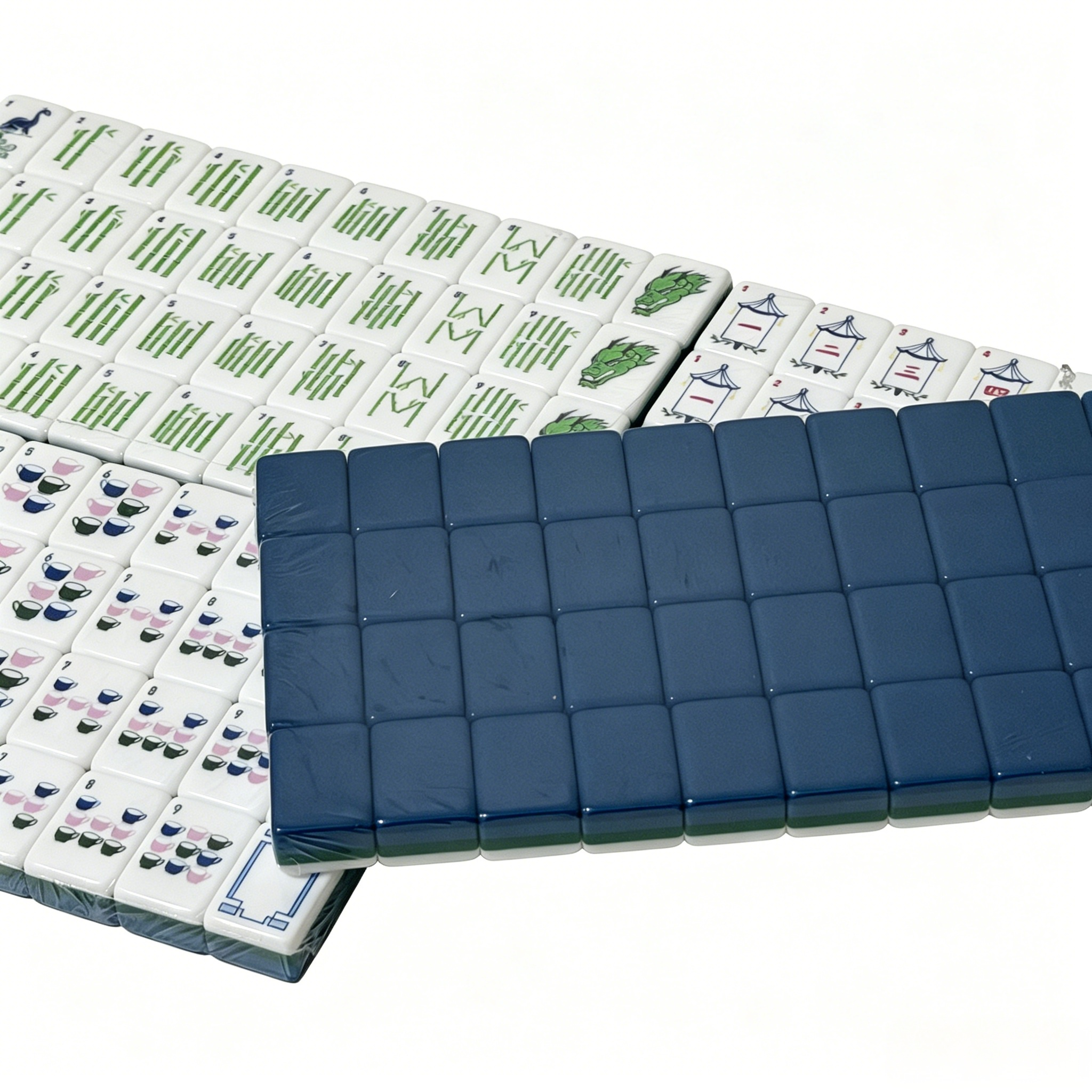 Teal Tea Party American Mahjong Set by USA Mahjong Co. with 166 weighted tiles featuring deep petrol backs, arranged on a table.