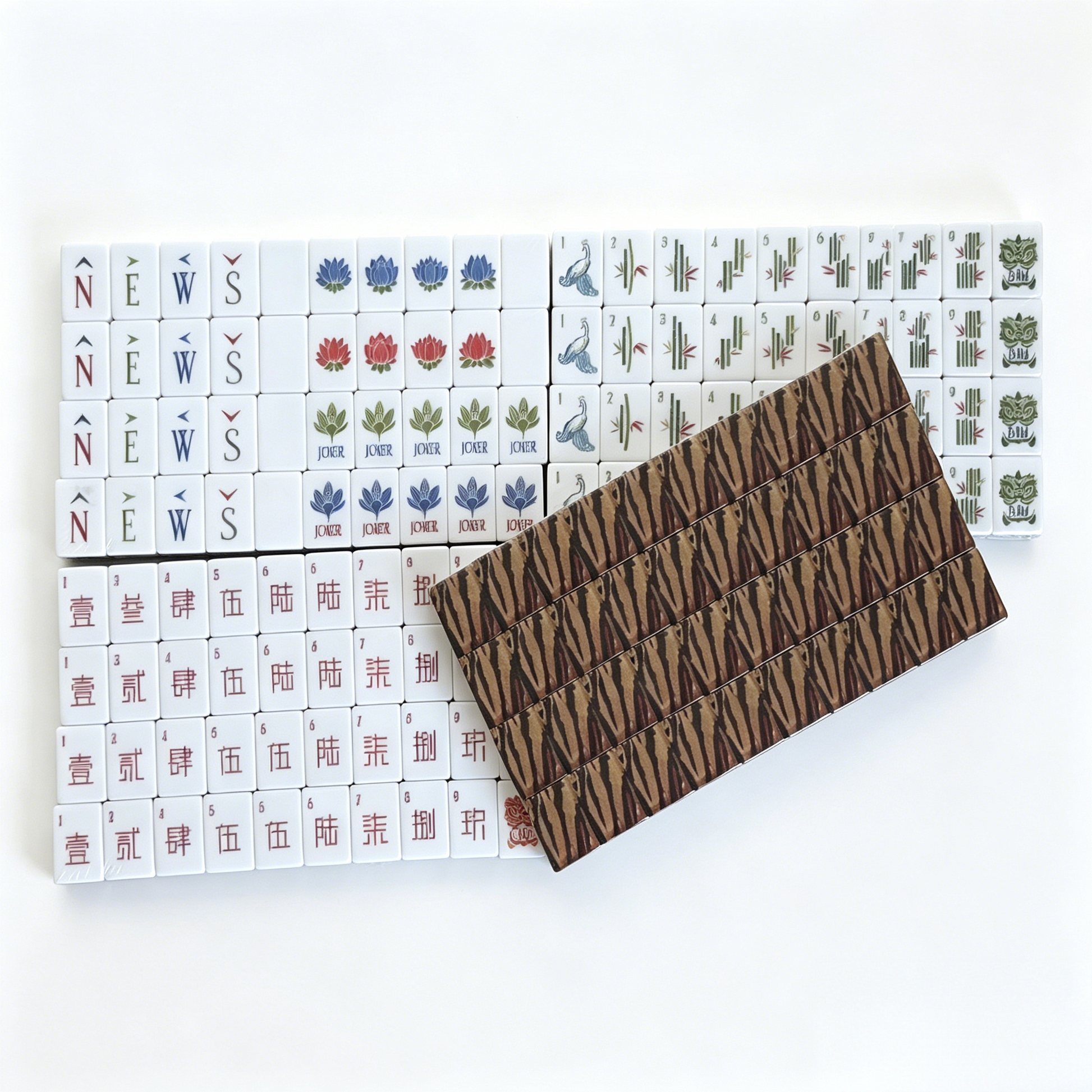 American Mahjong Set by USA Mahjong Co. with 166 weighted tiles featuring bold tiger print backs and traditional mahjong design.
