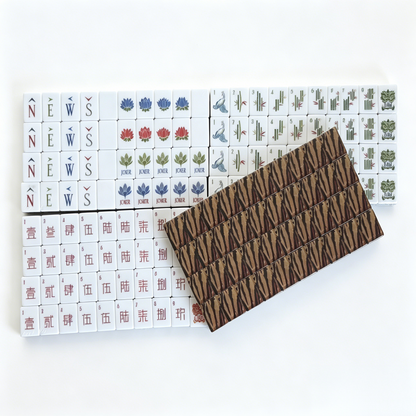 American Mahjong Set by USA Mahjong Co. with 166 weighted tiles featuring bold tiger print backs and traditional mahjong design.