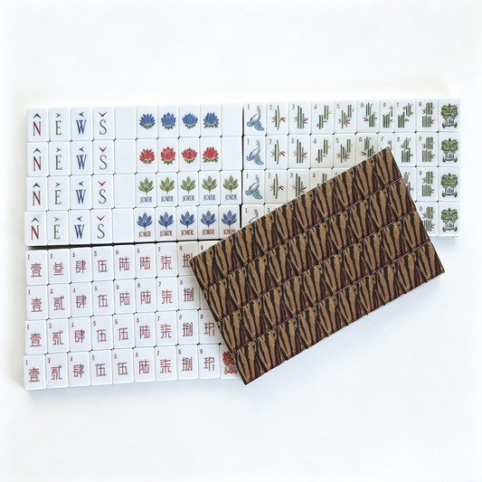 American Mahjong Set by USA Mahjong Co. with 166 weighted tiles featuring bold tiger print backs and traditional mahjong design.