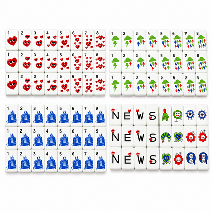Overhead scattered pile of Strawberry Bow mahjong tiles on white background, showing glossy hot pink backs, colorful striped edges, white tile faces with strawberry heart, green bow and fruit number illustrations