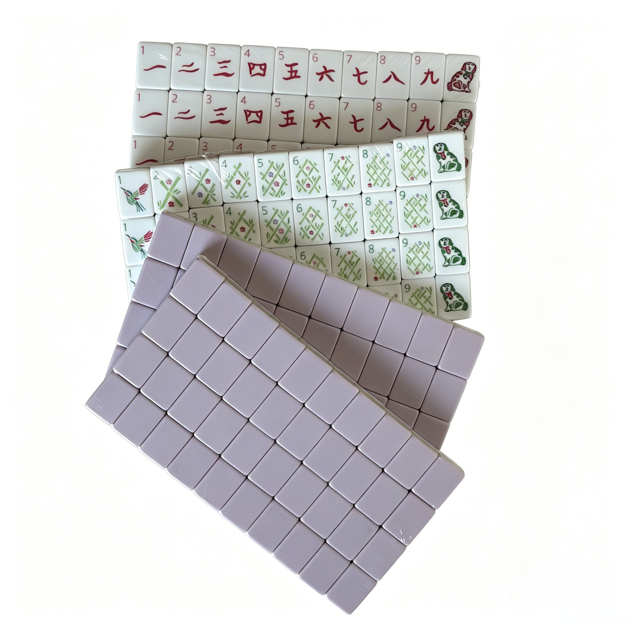 Modern American Mahjong Set by USA Mahjong Co. featuring 166 weighted tiles with soft lilac backs and Joker tiles.