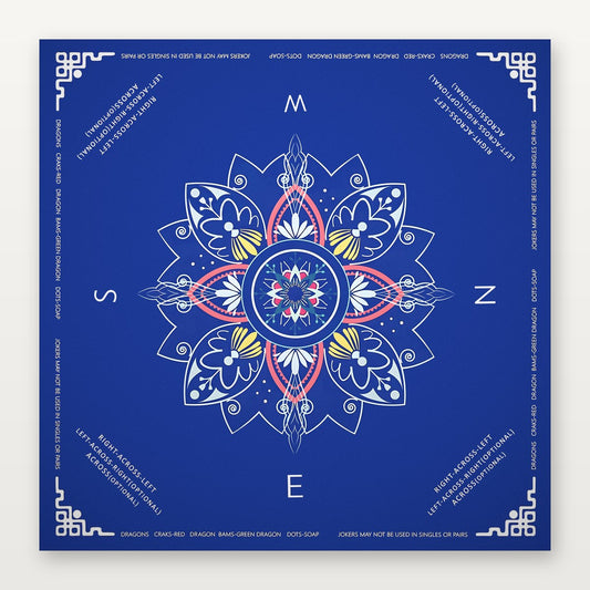 Deep blue American Mahjong Mat by USA Mahjong Co. featuring celestial compass design, 3mm thick non-slip rubber surface.