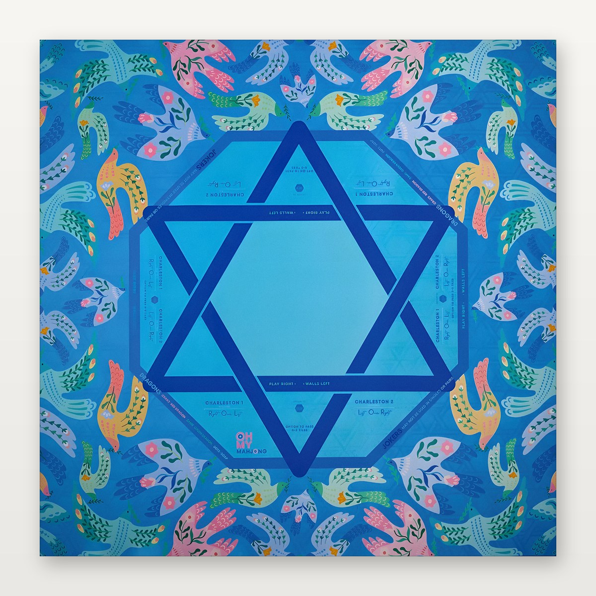 Light blue celestial-star hexagram Mahjong mat by USA Mahjong Co. features 800mm size, 3mm non-slip rubber for professional play.