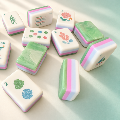 Side view of Coastal Breeze mahjong tiles placed on pearl acrylic tile rack, green marbled tile backs stacked, front tiles show lighthouse, sailboat, seashell, coral and dolphin joker illustrations, pink table with coral decor