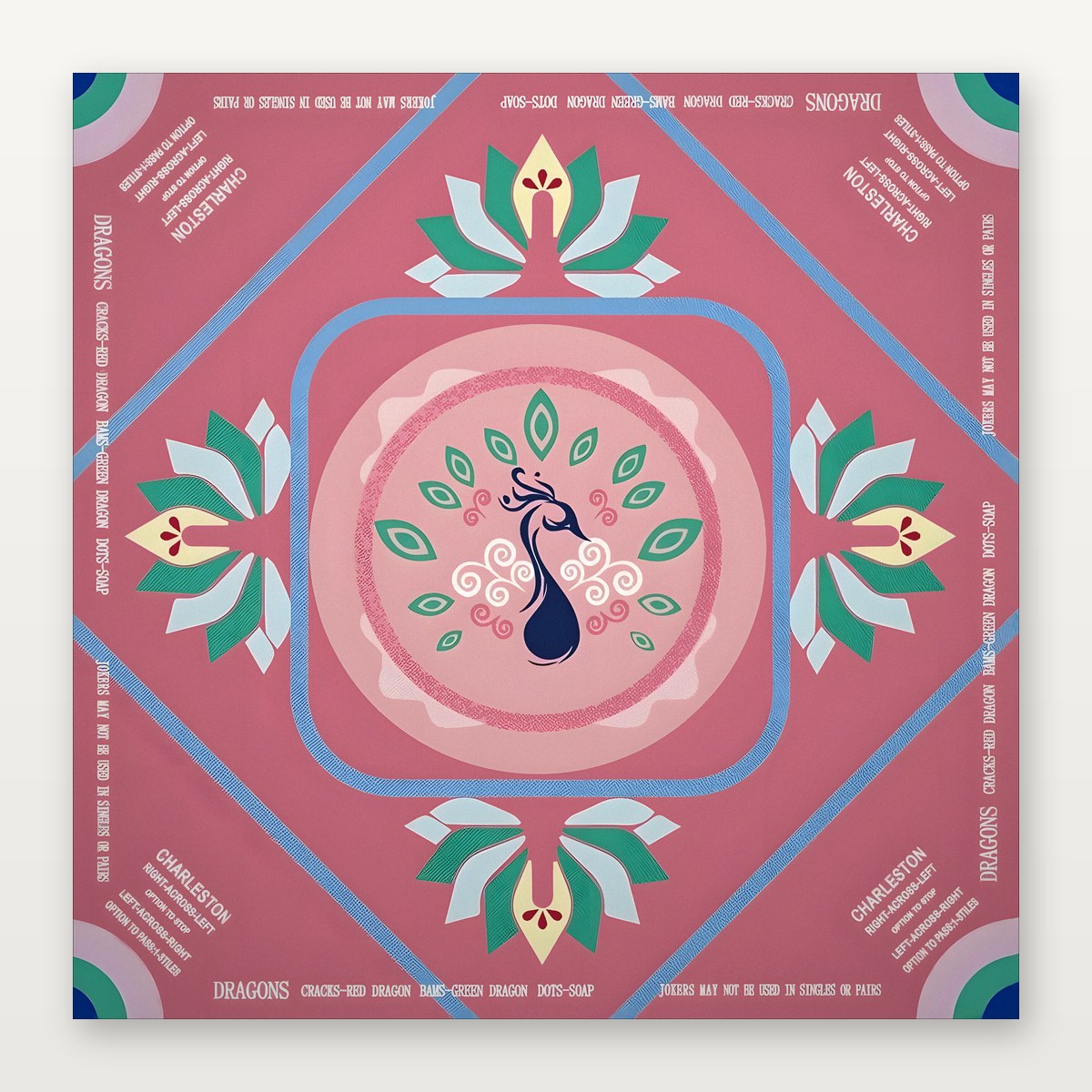 Pink floral and Charleston design Mahjong mat by USA Mahjong Co. featuring non-slip 3mm rubber for professional American Mahjong gameplay.
