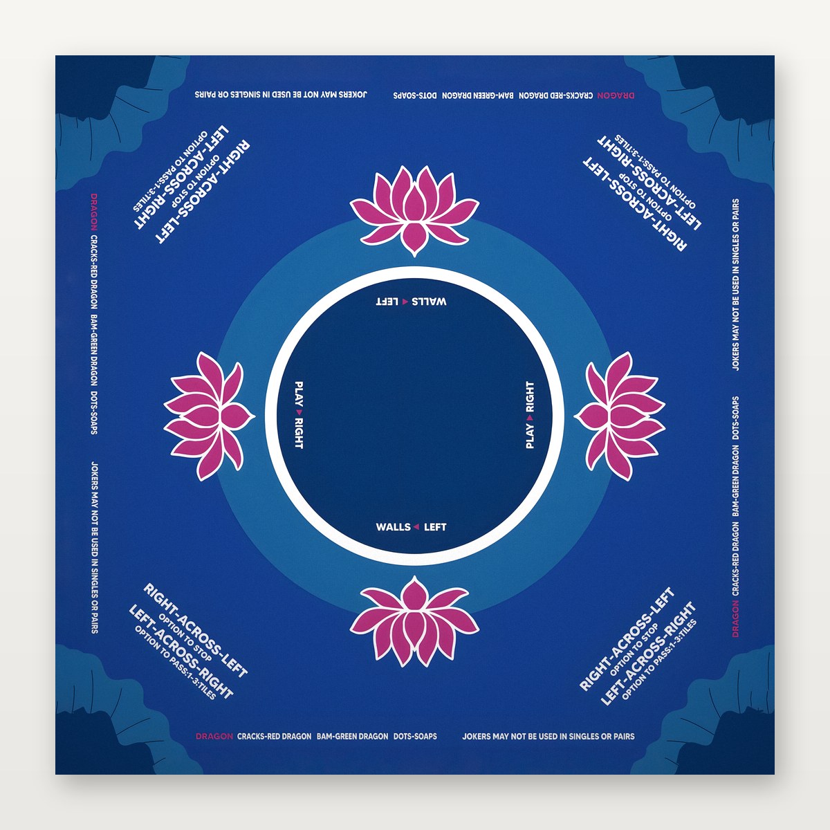 Deep blue American Mahjong Mat by USA Mahjong Co. featuring indigo lotus design, 3mm thick non-slip rubber for secure play.