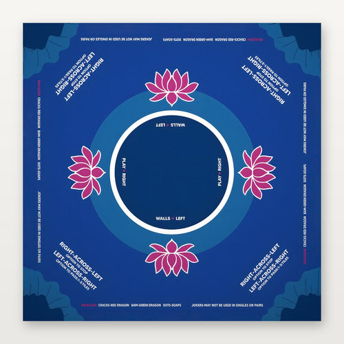 Deep blue American Mahjong Mat by USA Mahjong Co. featuring indigo lotus design, 3mm thick non-slip rubber for secure play.