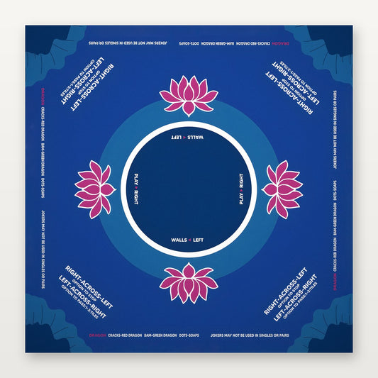 Deep blue American Mahjong Mat by USA Mahjong Co. featuring indigo lotus design, 3mm thick non-slip rubber for secure play.