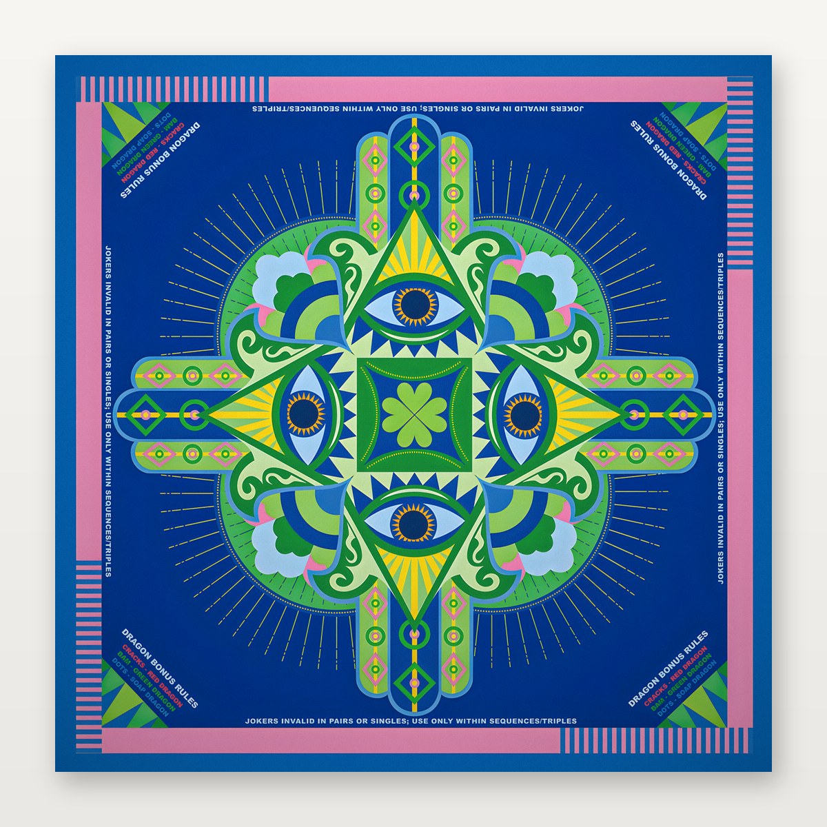 Deep blue American Mahjong mat by USA Mahjong Co., 3mm thick non-slip rubber with mystical evil eye design and Charleston rules.